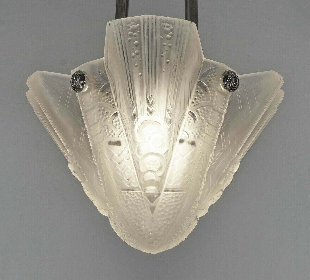 PETITOT & MULLER : FRENCH 1930 ART DECO PENDANT CHANDELIER . lamp ceiling light