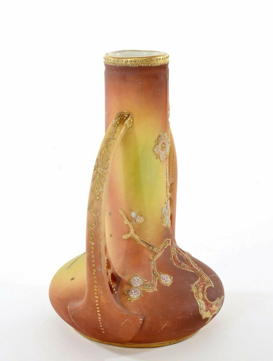 Japanese Nippon Porcelain Coralene Bead Handle Vase Plum Blossom Mk - AS IS