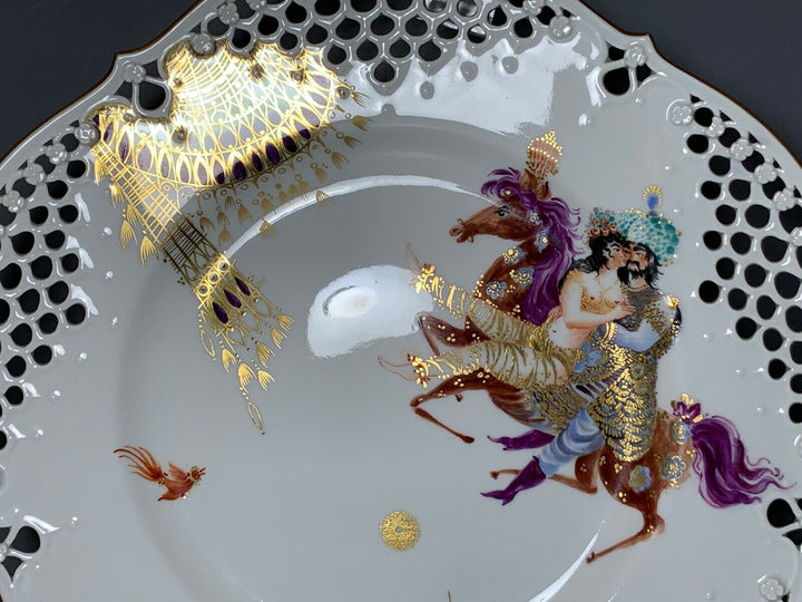 MEISSEN DURCHBRUCH TELLER 1001 NACHT LIEBESPAAR AUF PFERD TOP ZUSTAND D:29cm