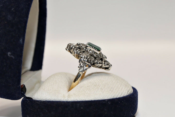 アンティーク ヴィクトリアン 18K ナチュラルローズカットダイヤモンドとエメラルドのナヴェットリング