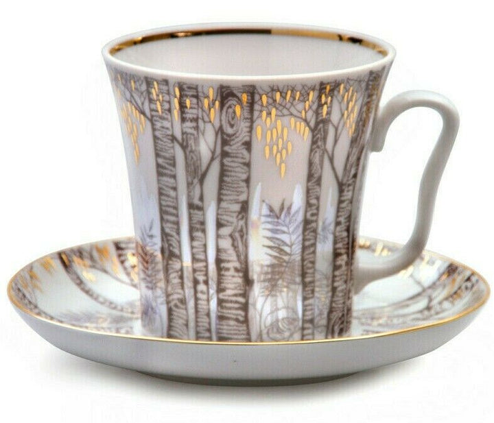 Imperial Porcelain Mug Teacup Saucer Lomonosov LFZ Russian Birches Art /12 fl oz