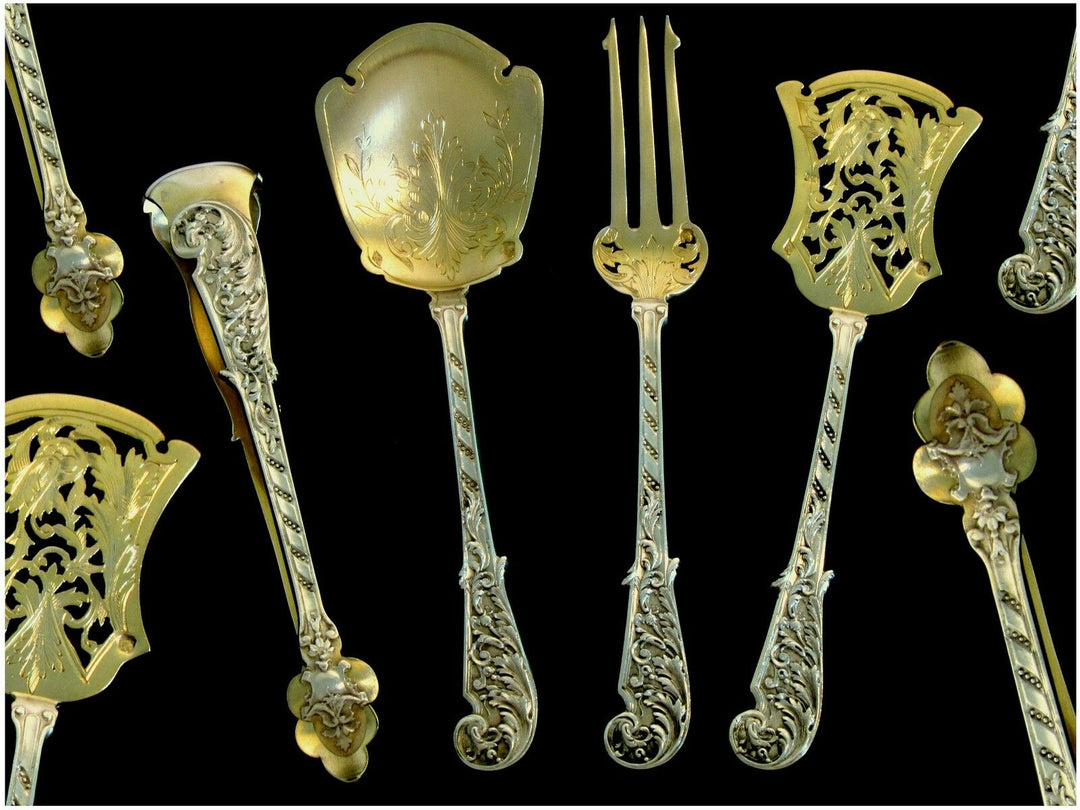 Soufflot French Sterling Silver 18K Gold Dessert Hors D'oeuvre Set 4 pc w/box