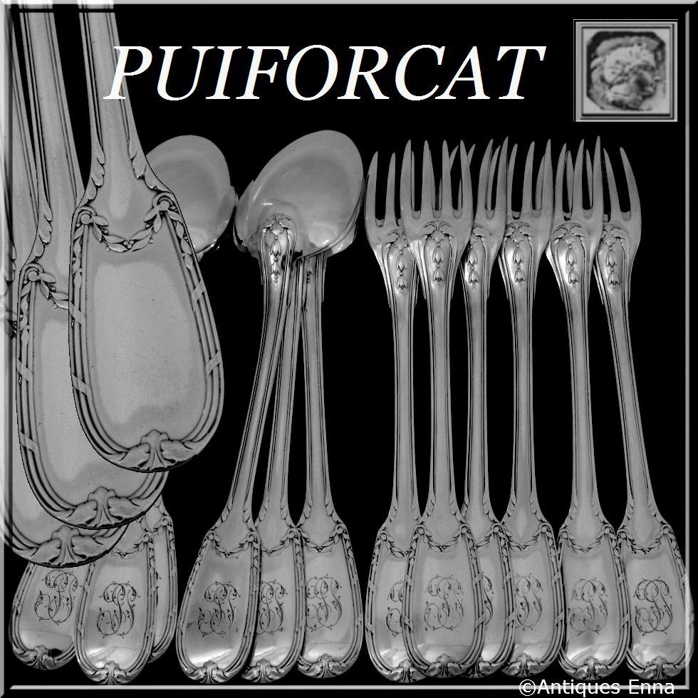 Puiforcat French Sterling Silver Dinner Flatware Set 12 pc Neoclassical