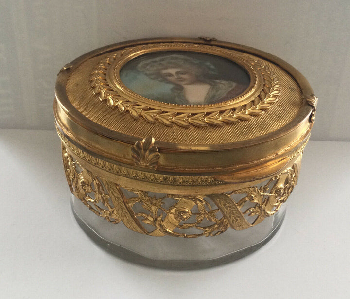 Antique French Crystal Ormolu Portrait Miniature Marie Antoinette Jewel Box 1890