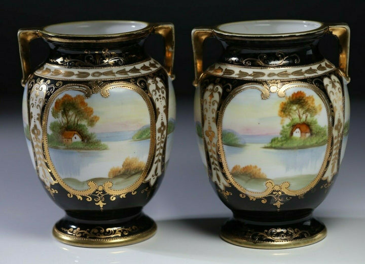 Pair of Art Deco Noritake Handled Vase Embellished Beads & Gilt Hand Painted