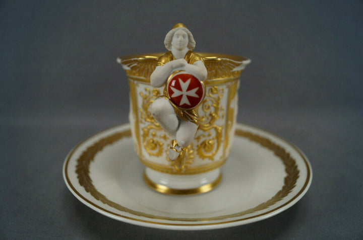 KPM Berlin Hand Painted WWI Wilhelm II Portrait Figural Wing Handle Cup & Saucer
