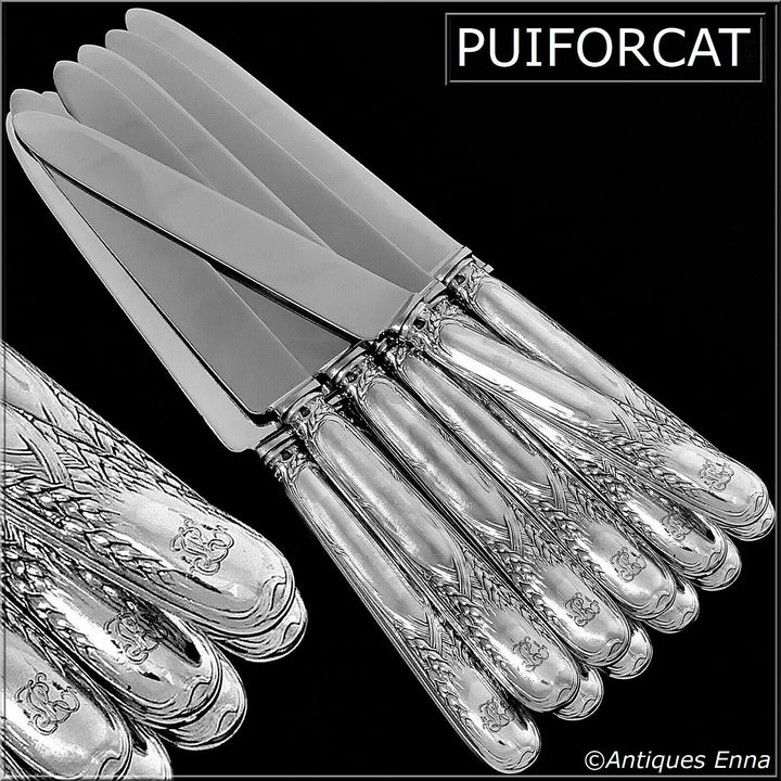 Puiforcat Rare French Sterling Silver Dinner Knife Set 12 Pc, Wheat, Art Nouveau