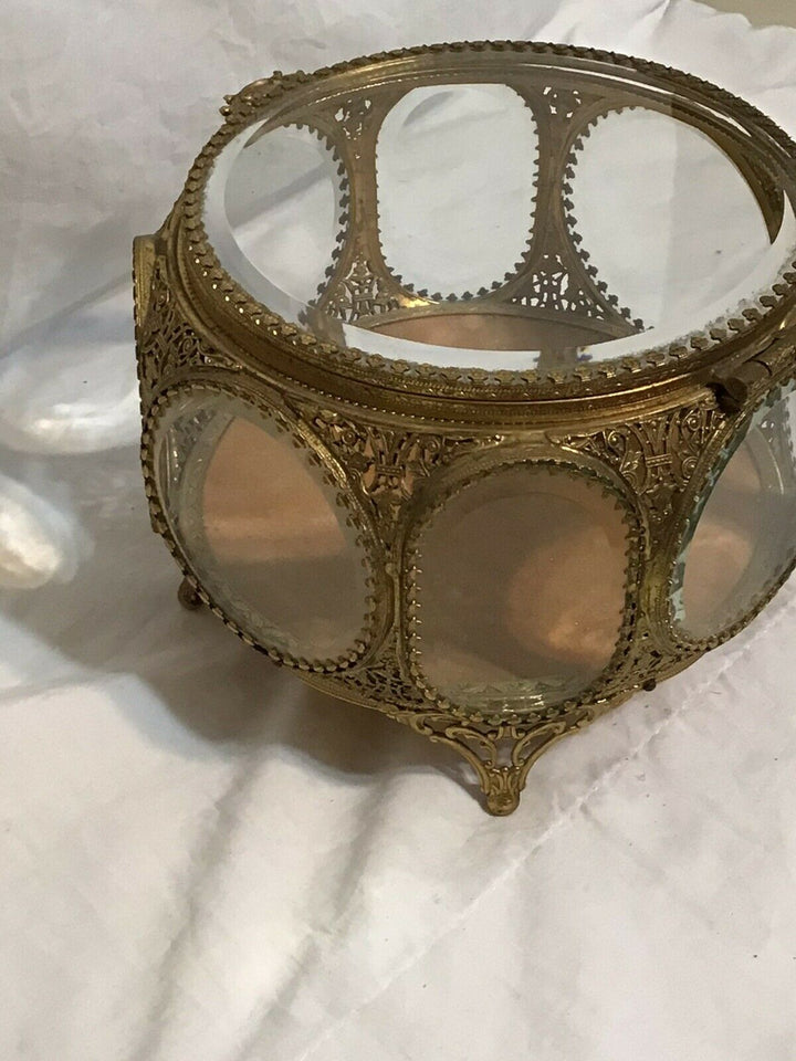 Vintage Filigree Ormolu Jewelry Casket 8 Sided Beveled Glass Ornate Trinket Box