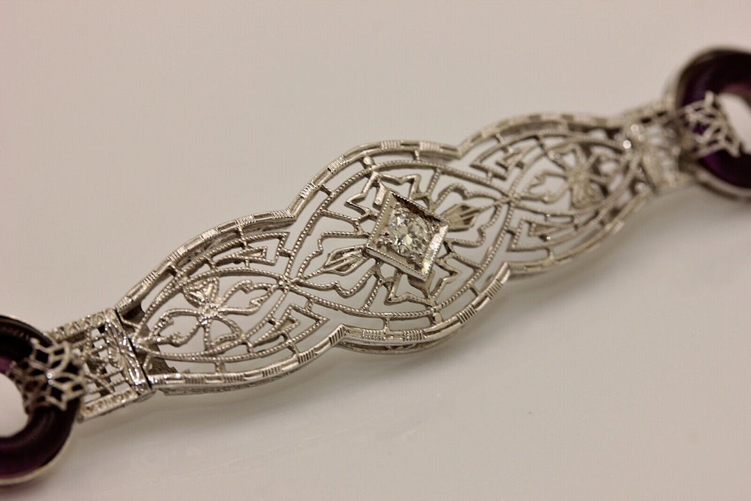 アールデコ 14K ナチュラルダイヤモンドとアメシストのブレスレット