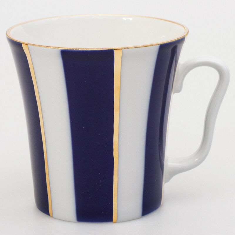 Cobalt Stripes Mug & Saucer Lomonosov Russian Imperial Porcelain Teacup 12 fl oz
