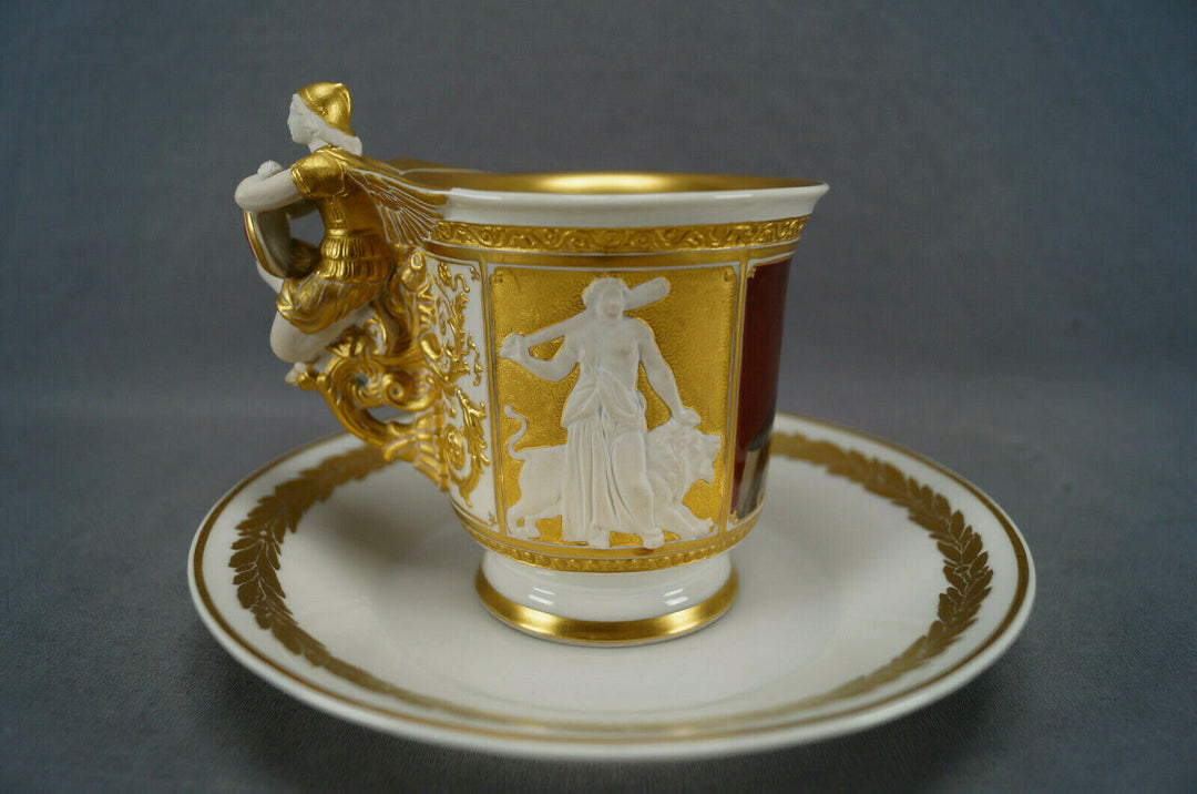 KPM Berlin Hand Painted WWI Wilhelm II Portrait Figural Wing Handle Cup & Saucer