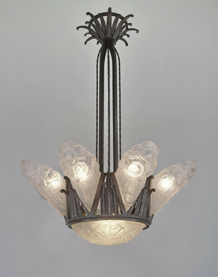 DEGUÉ : VERY LARGE 1930 FRENCH ART DECO CHANDELIER ... wrought iron muller era