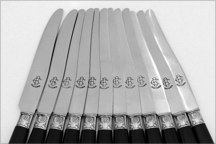 Antique French Silver & Carved Ebony Dinner Knife Set 12 pc w/box, Shell