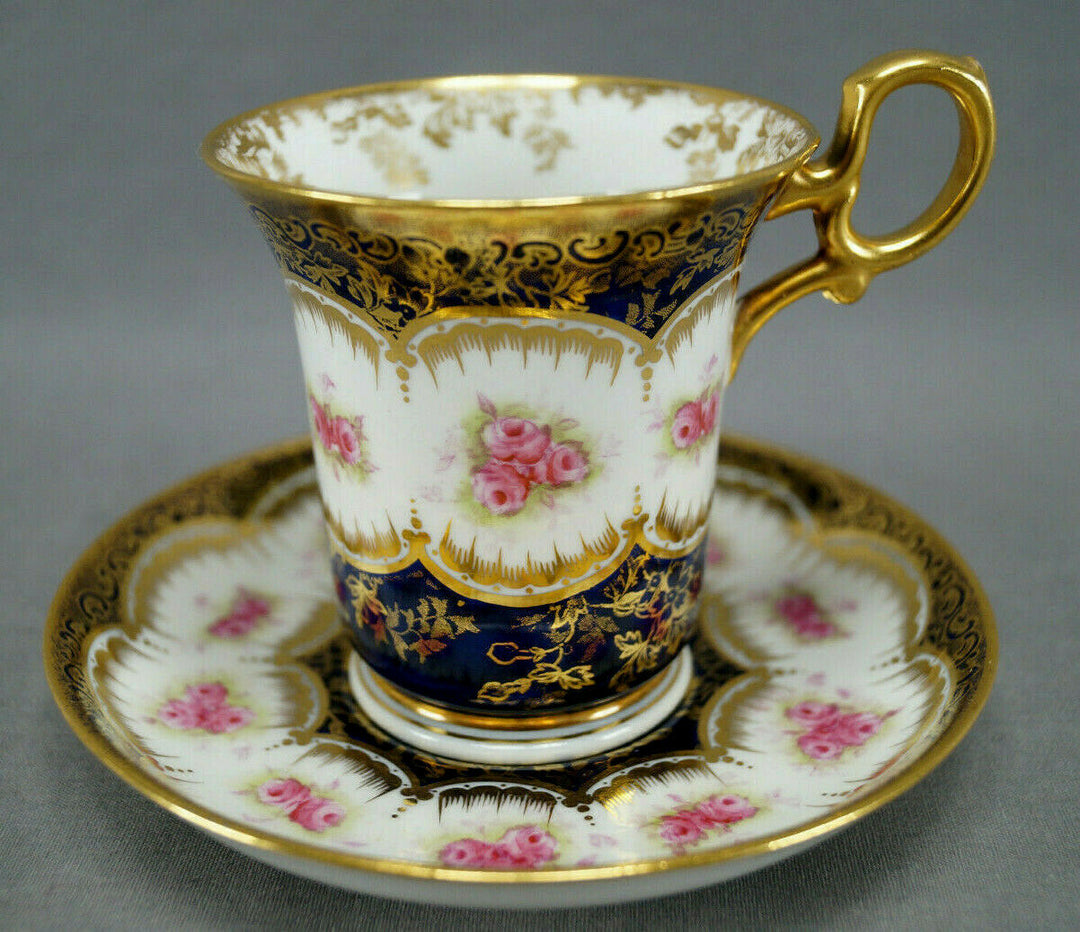 Paragon Pink Roses Cobalt & Gold Empire Form Chocolate Cup & Saucer Circa 1907