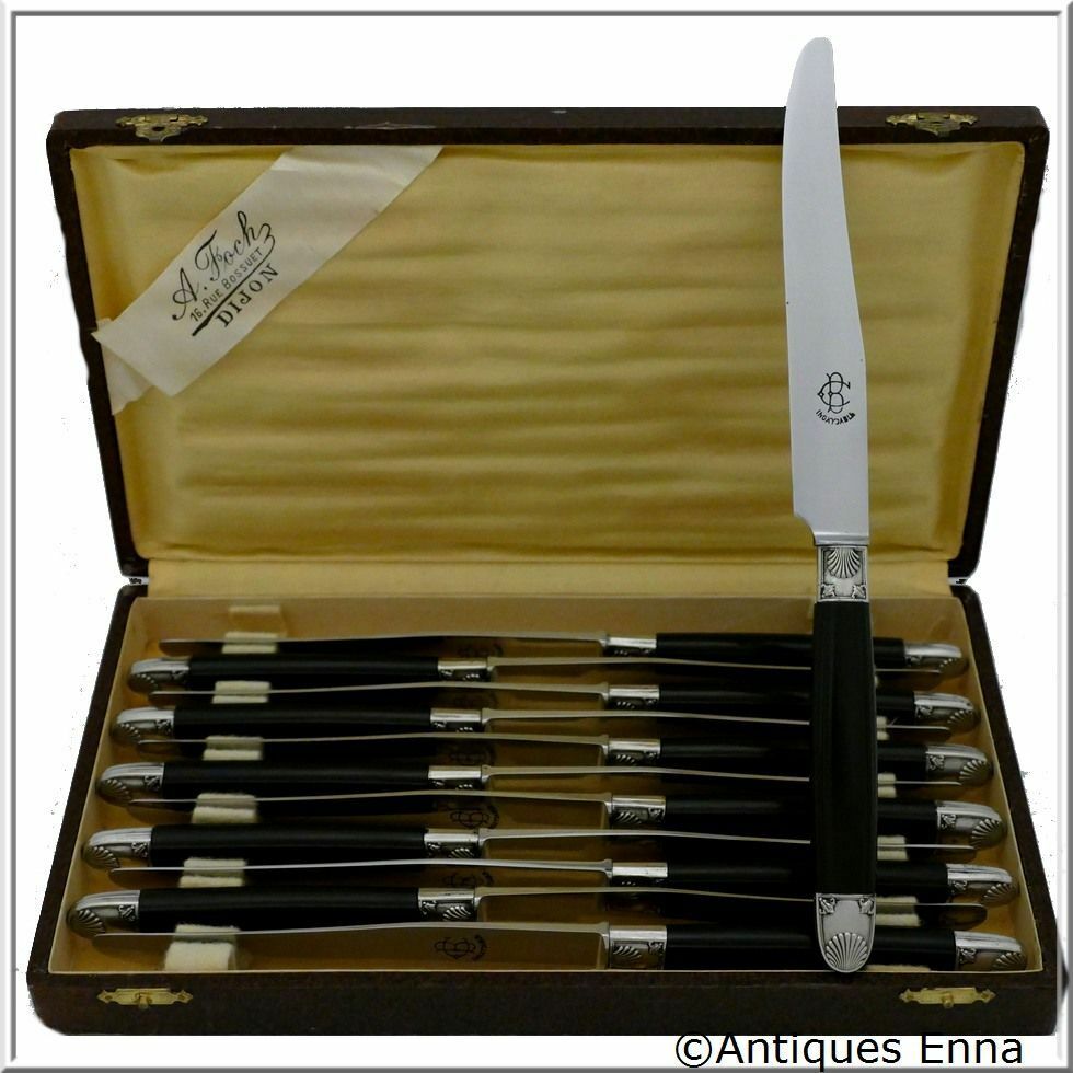 Antique French Silver & Carved Ebony Dinner Knife Set 12 pc w/box, Shell
