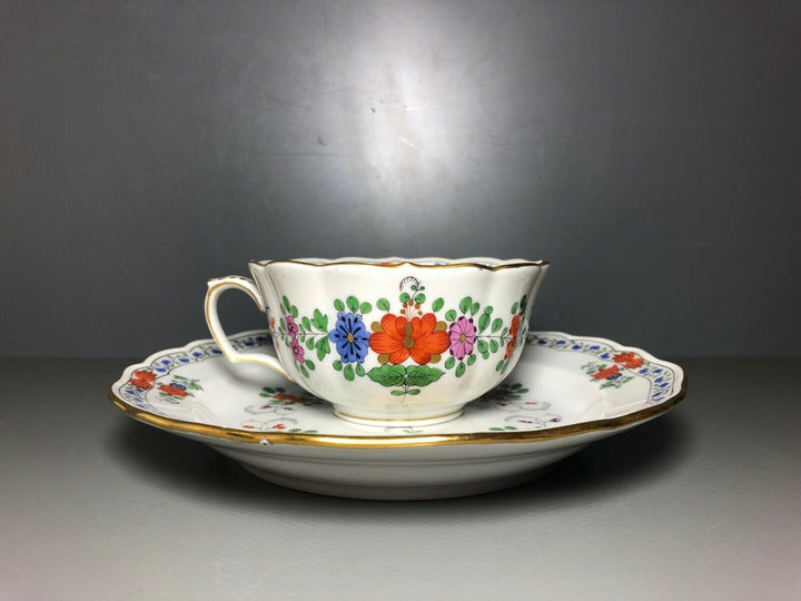 MEISSEN TASSE UND DESSERTTELLER INDISCHE MALEREI BUNT BLUMEN KAKIEMON GOLD