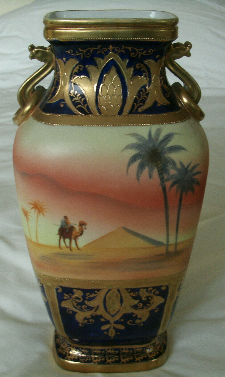 A Stunning Gold Encrusted Noritake Desert Scene Camel Pattern Large 12 in Vase
