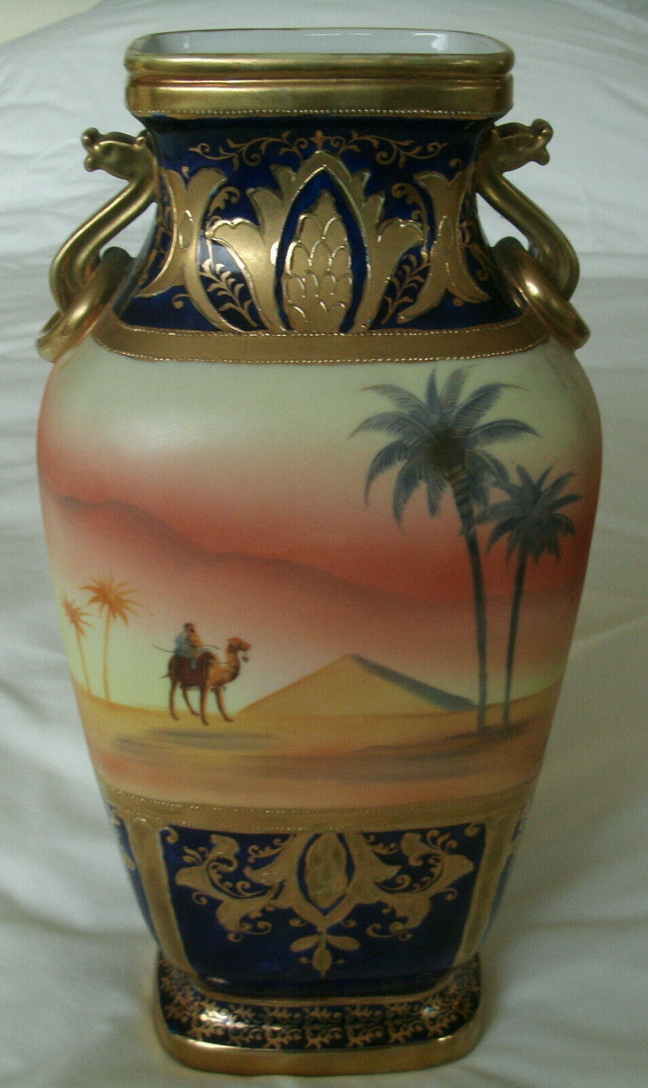 A Stunning Gold Encrusted Noritake Desert Scene Camel Pattern Large 12 in Vase