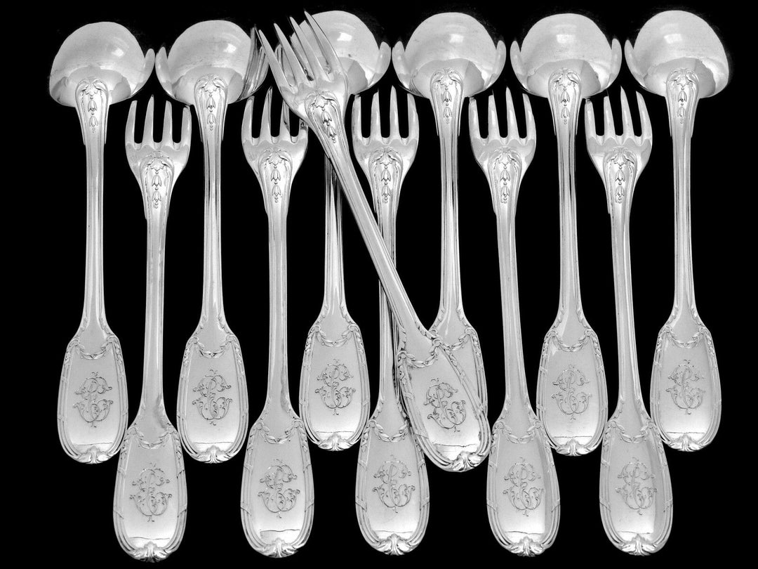 Puiforcat French Sterling Silver Dessert Flatware Set 12 pc Neoclassical