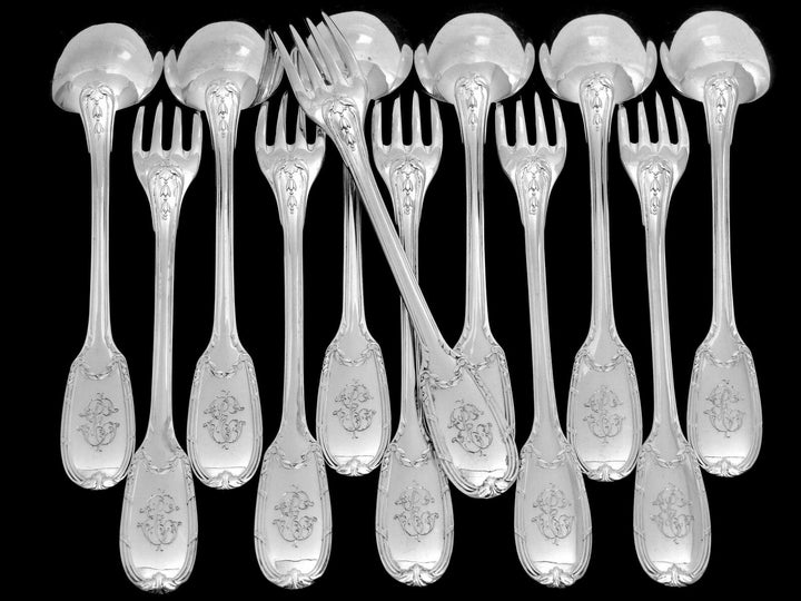 Puiforcat French Sterling Silver Dessert Flatware Set 12 pc Neoclassical