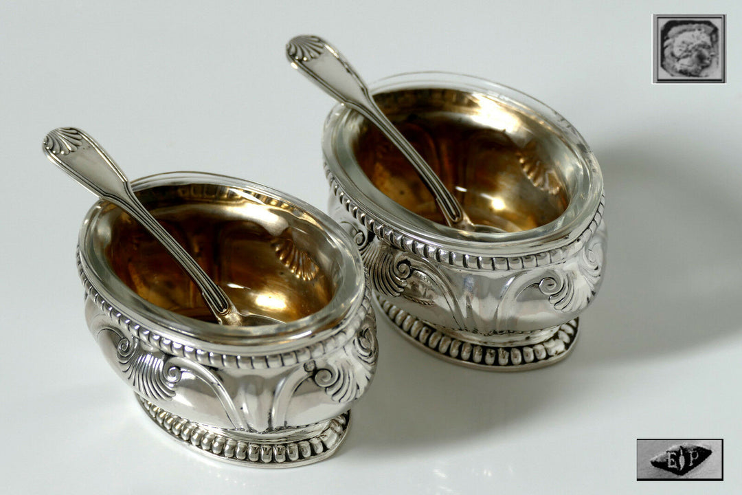 Puiforcat Gorgeous French Sterling Silver 18K Gold Salt Cellars Pair w/spoons