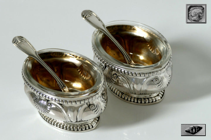 Puiforcat Gorgeous French Sterling Silver 18K Gold Salt Cellars Pair w/spoons