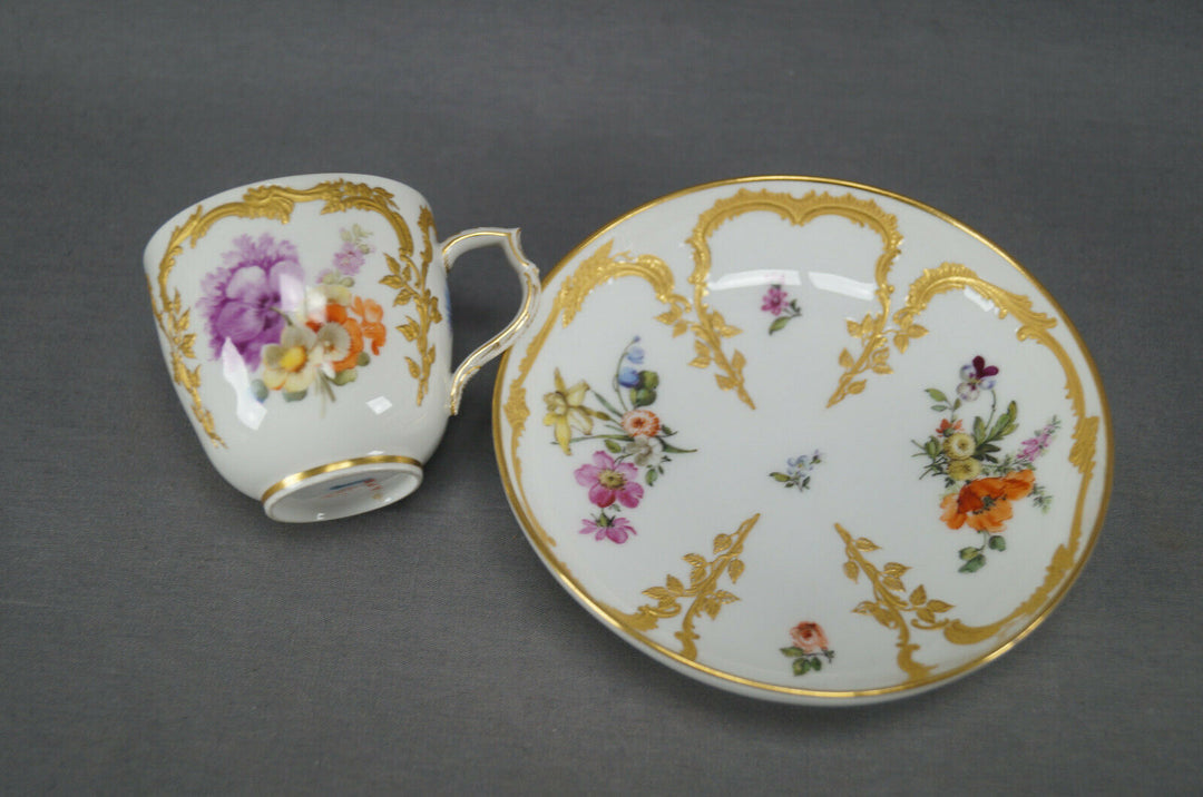 KPM Berlin Neuzierat Hand Painted Floral & Raised Gold Demitasse Cup & Saucer E
