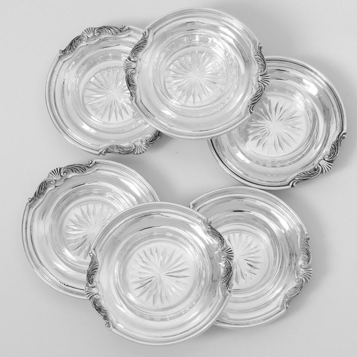Tetard Rare French Sterling Silver Crystal Caviar Cups with Spreaders 12 Pc