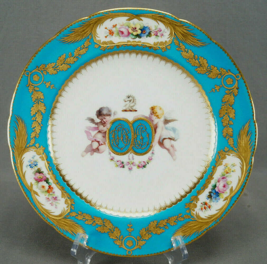 Minton Hand Painted Cherubs Armorial Monogram Turquoise Floral & Gold Plate A