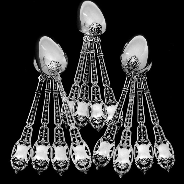 Puiforcat Masterpiece French Sterling Silver 18k Gold Dessert Set 15 pc Mascaron