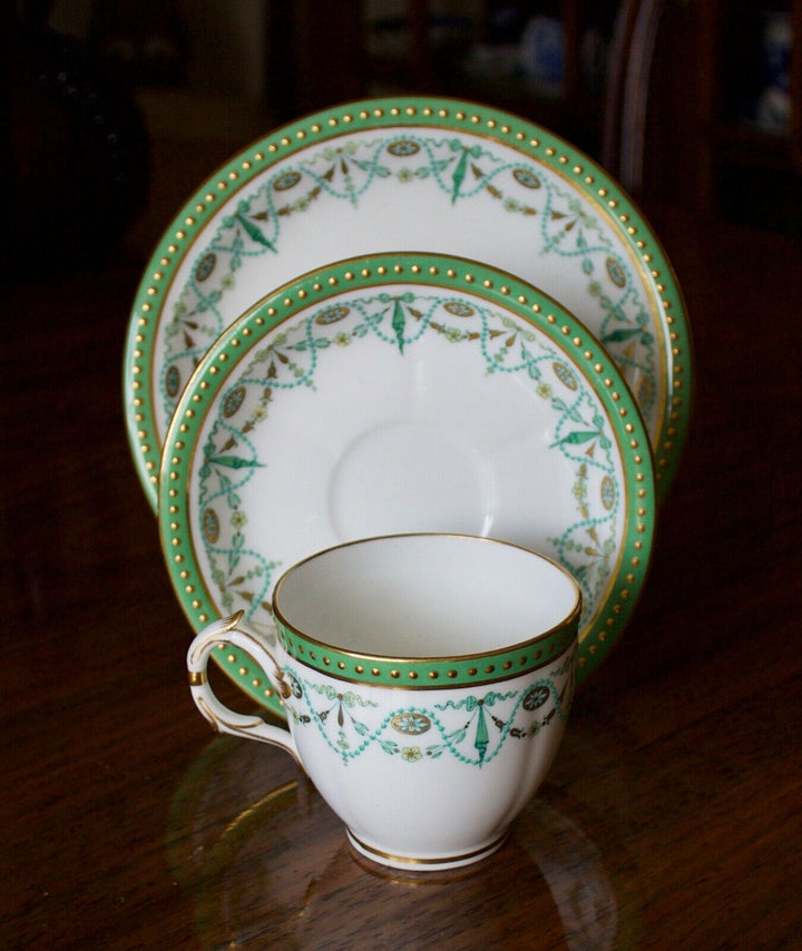 MINTON PORCELAIN TRIO - 1889 MARK - GREEN, GILT AND BLUE ENAMEL SWAGGING ETC.