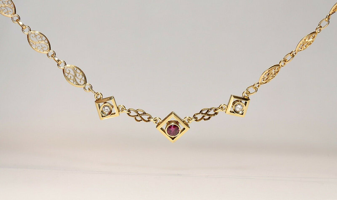 ヴィンテージ 18K ナチュラルダイヤモンドとルビーのネックレス