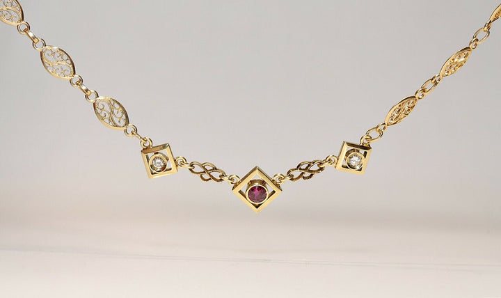 ヴィンテージ 18K ナチュラルダイヤモンドとルビーのネックレス