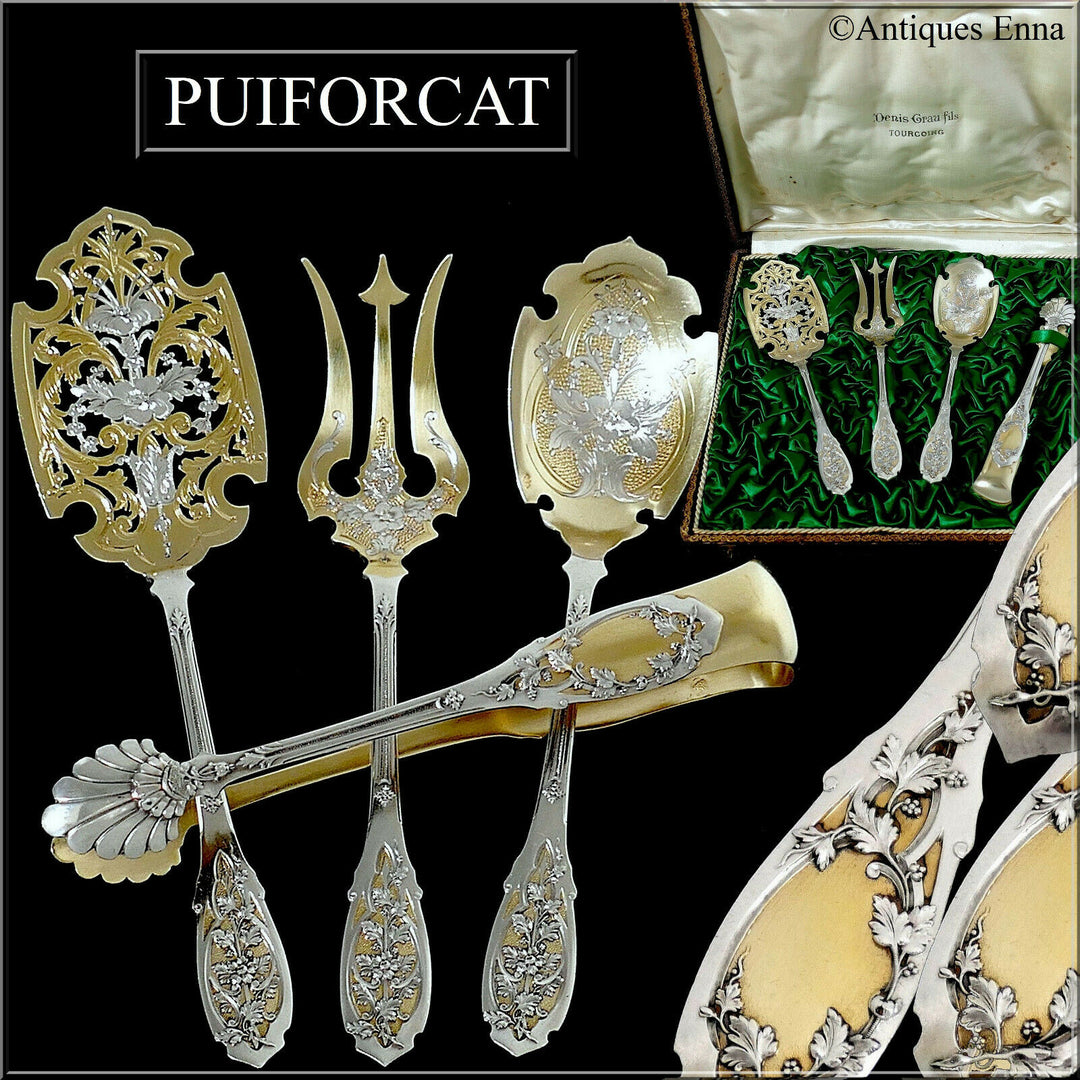 Puiforcat French Sterling Silver 18k Gold Dessert Set 4 Pc, Box, Moderne