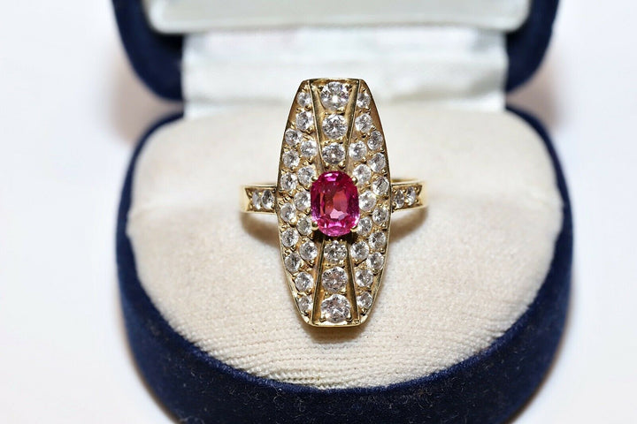 オールド ロシアン 14K ナチュラルダイヤモンドとルビーのナヴェットリング