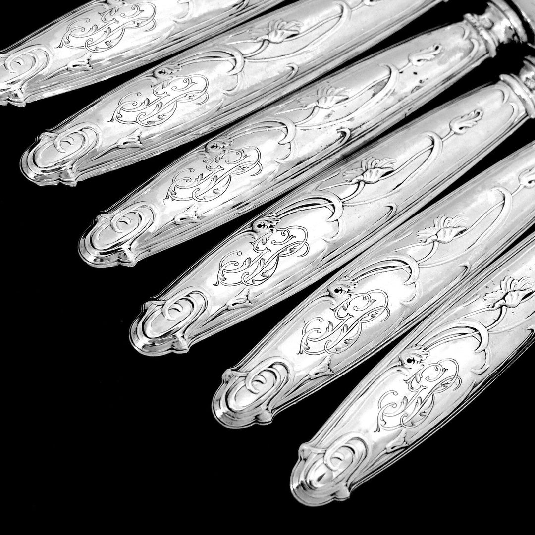 Lapparra Fabulous French Sterling Silver Dessert Entremet Set 6 pc Poppies