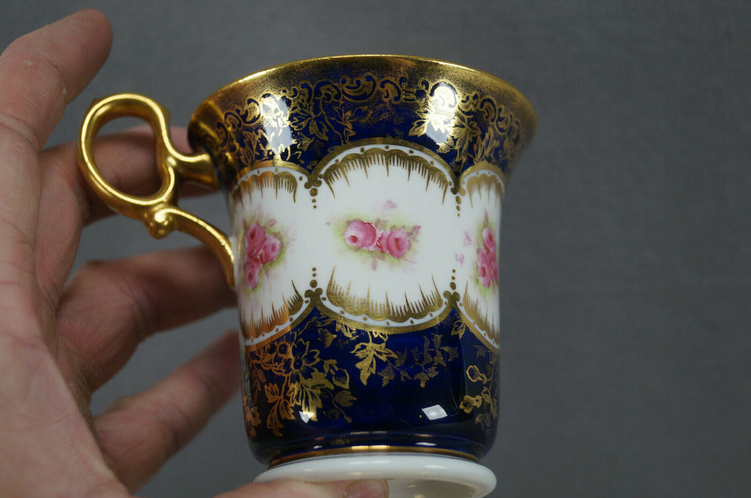 Paragon Pink Roses Cobalt & Gold Empire Form Chocolate Cup & Saucer Circa 1907
