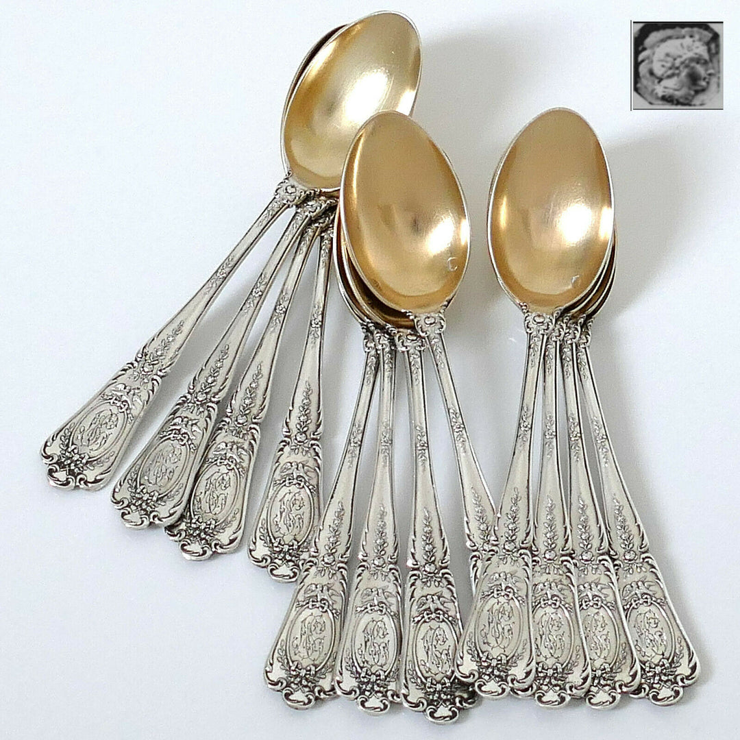 Puiforcat Masterpiece French Sterling Silver 18k Gold Tea Spoons Set 12 Pc, Box