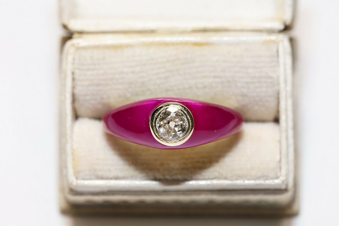 14K ナチュラルダイヤモンドとエナメルのソリテールリング