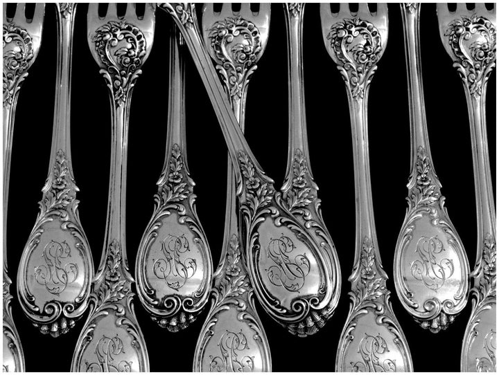 Puiforcat Fabulous French Sterling Silver Dinner Flatware Set 12 pc Roses