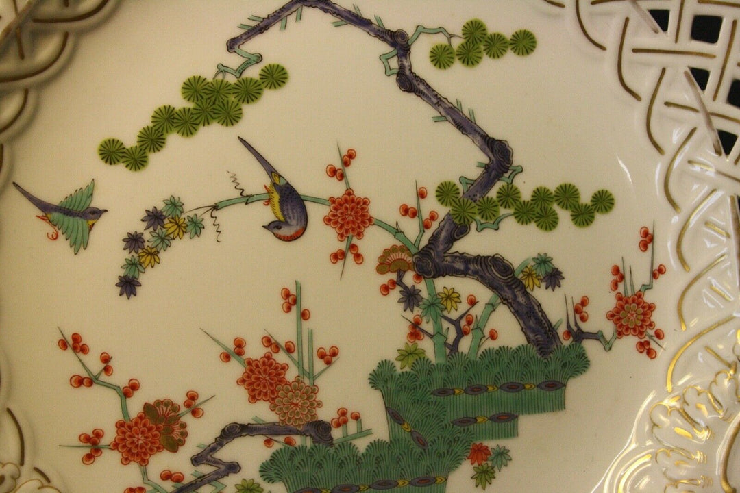 GROßER 28,5CM PRUNK TELLER FELS,AST,BLUMEN VOGEL MALEREI KAKIEMON MEISSEN 1.WAHL