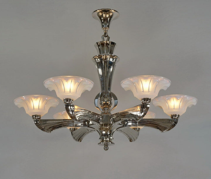 J.GAUTHIER EZAN EJG : LARGE 1930 1935 FRENCH OPALESCENT ART DECO CHANDELIER