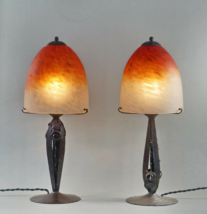 SCHNEIDER : PAIR OF FRENCH 1930 ART DECO LAMPS wrought iron ........ lamp France