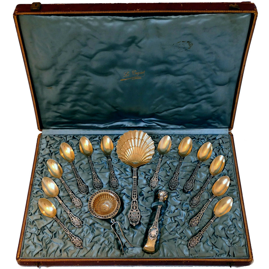 Puiforcat Masterpiece French Sterling Silver 18k Gold Dessert Set 15 pc Mascaron