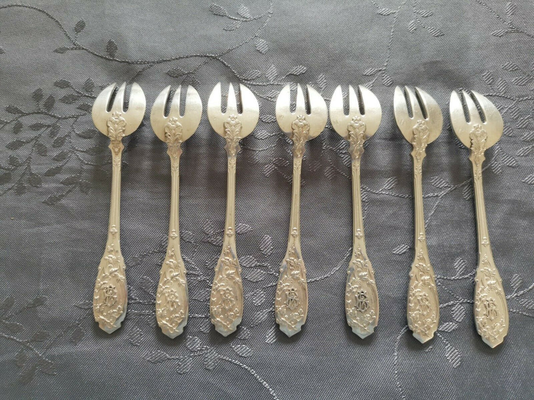 ARGENT MASSIF PUIFORCAT MODERNE FEUILLAGE 7 FOURCHETTES A HUITRES DESSERT