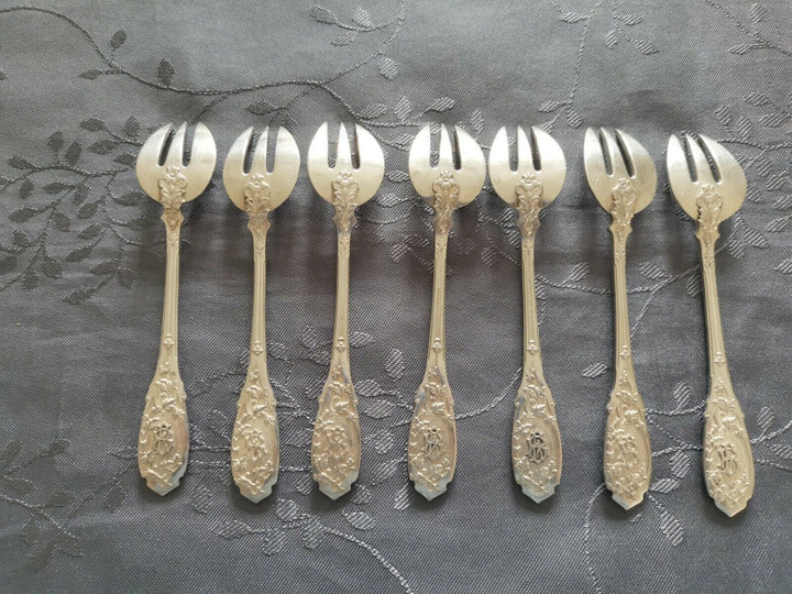 ARGENT MASSIF PUIFORCAT MODERNE FEUILLAGE 7 FOURCHETTES A HUITRES DESSERT