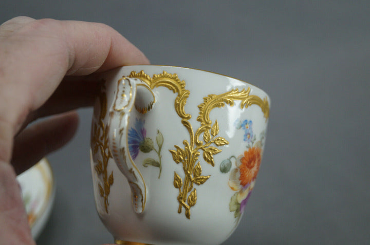KPM Berlin Neuzierat Hand Painted Floral & Raised Gold Demitasse Cup & Saucer E