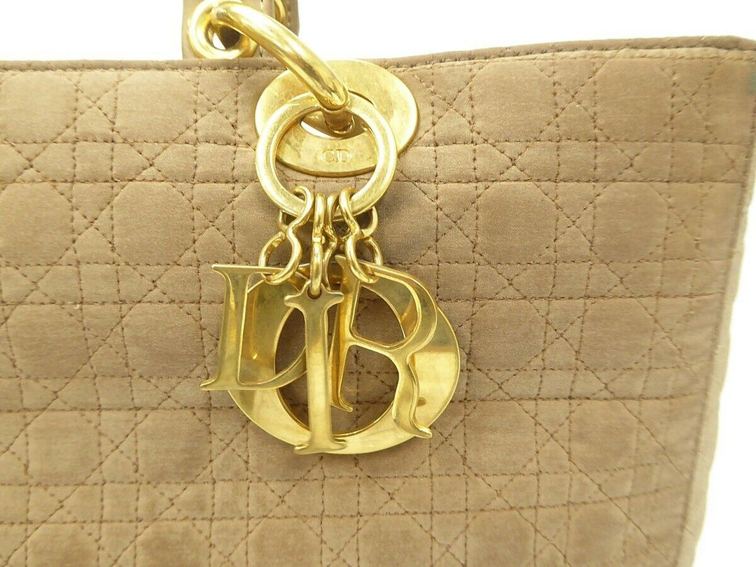 Auth Christian Dior Lady Cannage Hand Bag Nylon Leather Beige Vintage