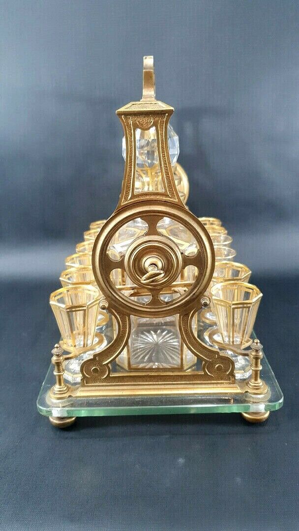 RARE ANTIQUE BACCARAT TANTALUS SIGNED FRENCH GILT BRONZE LIQUOR BOX CAVE LIQUEUR
