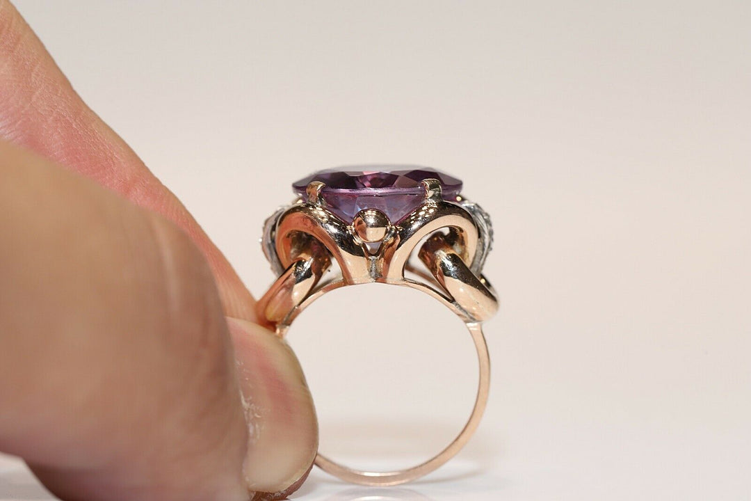 オールド オリジナル ヴィンテージ 14K ナチュラルローズカットダイヤモンドとアメシストのリング